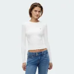 TOMMY JEANS WOMENS SLIM SH LETTUCE EDGE RIB LS