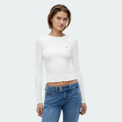 TOMMY JEANS WOMENS SLIM SH LETTUCE EDGE RIB LS